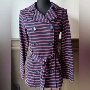 Merona Navy and Pink Striped thin soft Pea Coat jacket small EUC